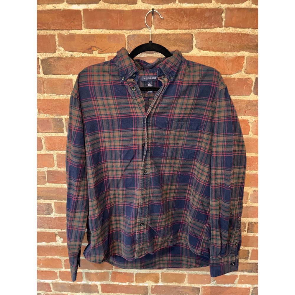 Lands End Men's Flannel‎ L 16-16.5 Blue Green Red Plaid Cotton